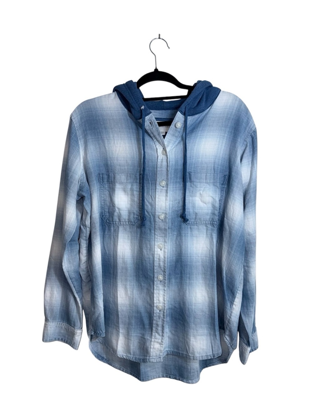 American Eagle Cozy Cabin Flannel Hoodie Blue White Plaid Relaxed Medium Women’s